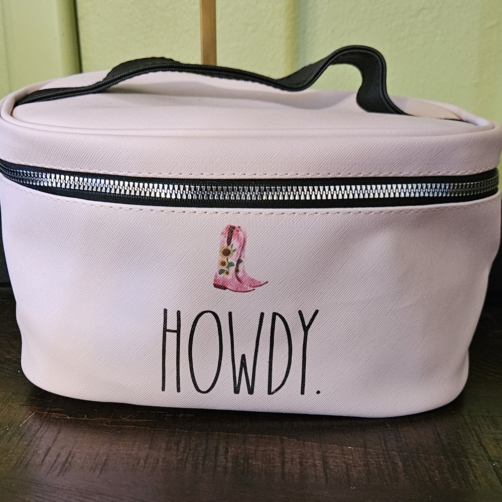 Rae Dunn Cosmetic Makeup Bag Howdy Pink Black Never used